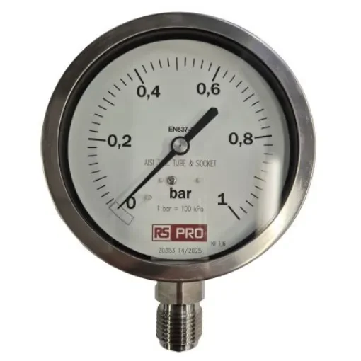 RS PRO BSP 1/2in Analogue Pressure Gauge 1bar Bottom Entry 100mm Outside Diameter - 152301 product image