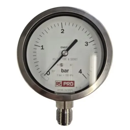 RS PRO BSP 1/2in Analogue Pressure Gauge 4bar Bottom Entry 100mm Outside Diameter - 152304 product image
