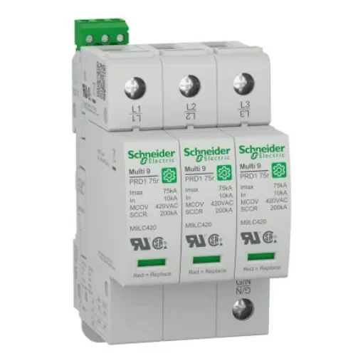 Schneider Electric 3 Phase Surge Arrester, 75kA, 2500V (Volts), Clip-On Mount - M9L43600 product image