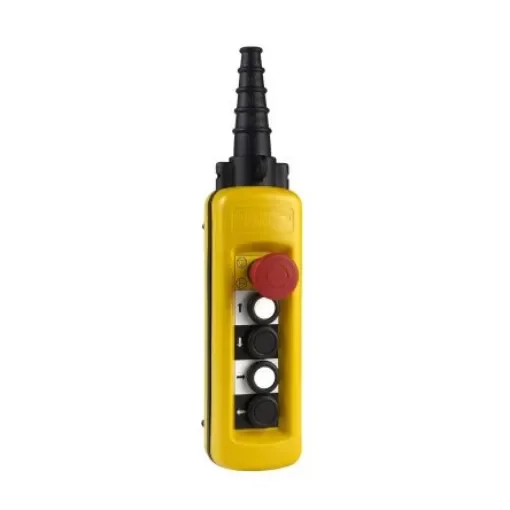 Slow Break Push Button Control Station - SPDT, Polypropylene, 4 Cutouts, Yellow, Emergency Stop, IP65 - XACA4812 product image