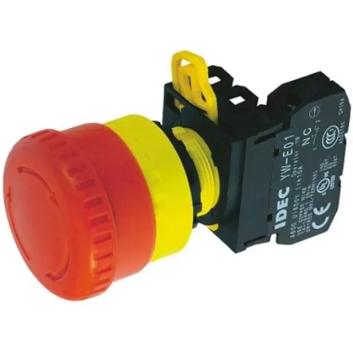 Idec YW1B Series Twist Release Emergency Stop Push Button, Panel Mount, 22mm Cutout, 1NC, IP20, IP65 - YW1B-V4E01R product image