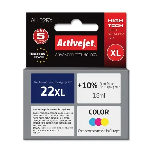 Activejet AH-22RX Ink for Hp Printer, Hp 22XL C9352A Replacement; Premium; 18 Ml; Color - AH-22RX product image