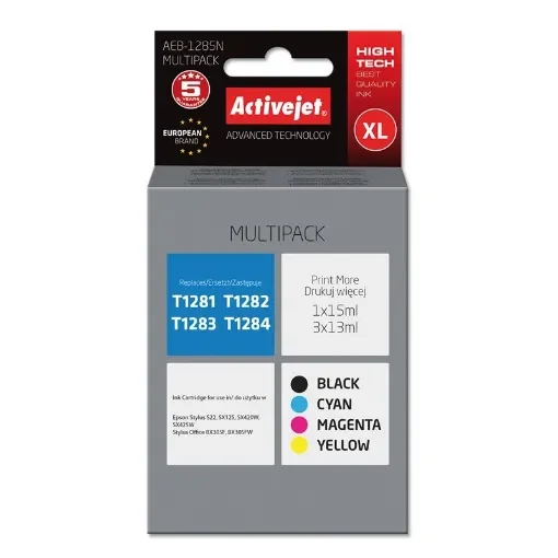 Activejet AEB-1285N Ink (Replacement for Epson T1285; Supreme; 1 X 15 Ml, 3 X 13 Ml; Black, Magenta, Cyan, Yellow) - AEB-1285N product image