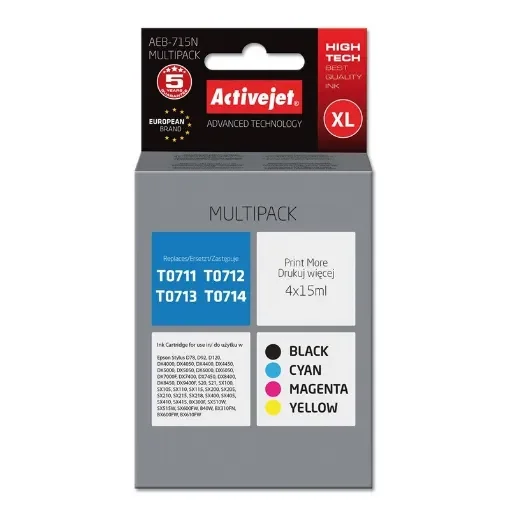 Activejet AEB-715N Ink (Replacement for Epson T0715; Supreme; 4 X 15 Ml; Black, Magenta, Cyan, Yellow) - AEB-715N product image