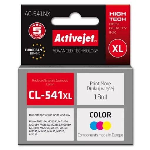 Activejet AC-541NX Ink for Canon Printer (Replacement Canon CL-541XL) Supreme, 18 Ml, Blue, Yellow, Red - AC-541NX product image