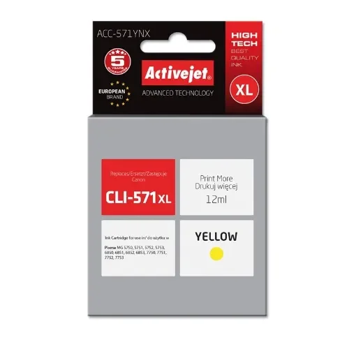 Activejet ACC-571YNX Ink (Replacement for Canon CLI-571Y Xl; Supreme; 12 Ml; Yellow) - ACC-571YNX product image