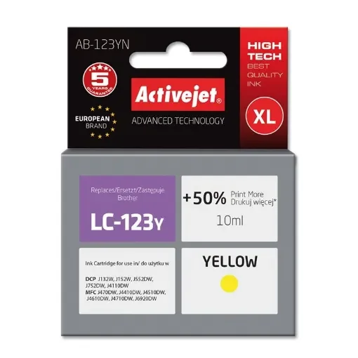Activejet AB-123YN Ink (Replacement for Brother LC123Y/LC121Y; Supreme; 10 Ml; Yellow) - AB-123YN product image