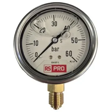 RS PRO BSP 1/4 Analogue Pressure Gauge 60bar Bottom Entry 63mm Outside Diameter - 180003 product image