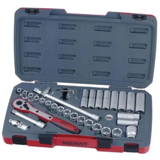 Teng Tools 34-Piece Metric 1/2 in Deep Socket/Standard Socket Set with Ratchet, 6 point - T1234 product image