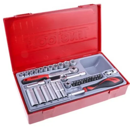 Teng Tools 35-Piece Metric 1/4 in Deep Socket/Standard Socket/Bit Set with Ratchet, 6 point; Hex Bit; Phillips Bit; - TT1435 product image