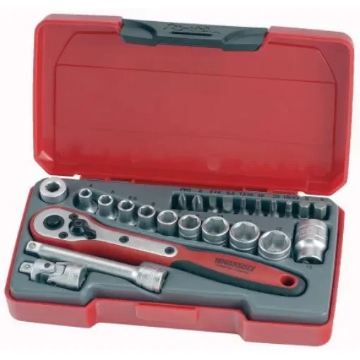 Teng Tools 24-Piece Metric 1/4 in Standard Socket/Bit Set with Ratchet, 6 point; Hex Bit; Phillips Bit; Slotted Bit; - T1424 product image