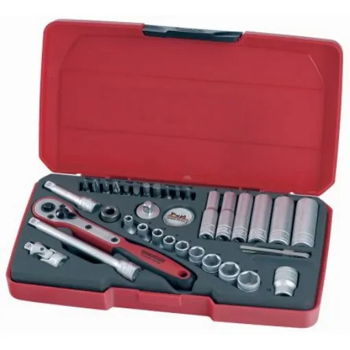 Teng Tools 36-Piece Metric 1/4 in Deep Socket/Standard Socket/Bit Set with Ratchet, 6 point; Hex Bit; Phillips Bit; - T1436 product image
