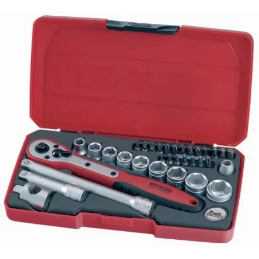 Teng Tools 34-Piece Metric 3/8 in Standard Socket/Bit Set with Ratchet, 6 point; Hex Bit; Phillips Bit; Pozidriv Bit; - T3834 product image