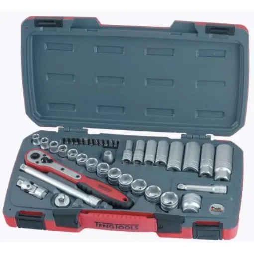 Teng Tools 39-Piece Metric 3/8 in Deep Socket/Standard Socket/Bit Set with Ratchet, 6 point; Hex Bit; Phillips Bit; - T3839 product image