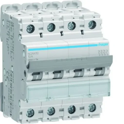 Hager NQN MCB, 4P, 10A Curve B, 415V AC, 25 kA Breaking Capacity - NQN410 product image