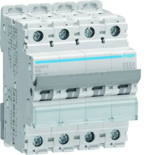 Hager NQN MCB, 4P, 16A Curve B, 415V AC, 25 kA Breaking Capacity - NQN416 product image