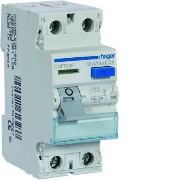Hager CDF RCCB, 40A, 2 Pole, 30mA, Type F, 230V ac - CDF749F product image