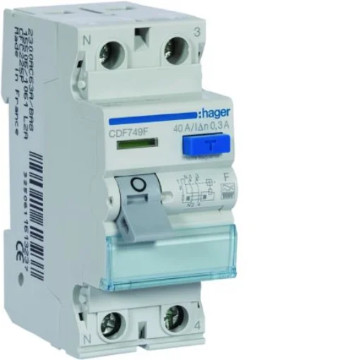 Hager CDF RCCB, 40A, 2 Pole, 30mA, Type F, 230V ac - CDF749F product image