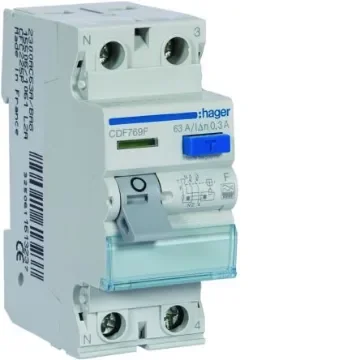 Hager CDF RCCB, 63A, 2 Pole, 30mA, Type F, 230V ac - CDF769F product image