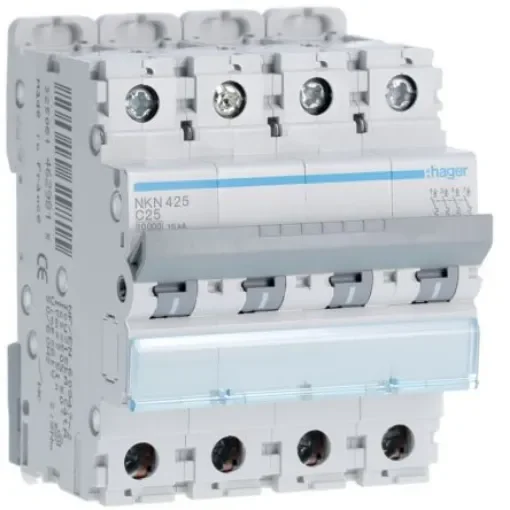 Hager NKN MCB, 4P, 25A Curve C, 400V AC, 15 kA Breaking Capacity - NKN425 product image