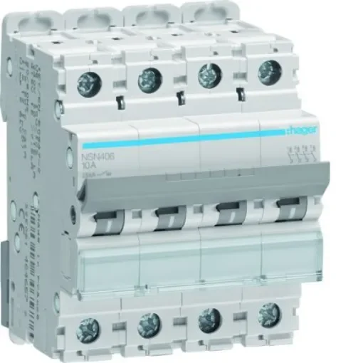 Hager NSN MCB, 4P, 6A Curve D, 415V AC, 25 kA Breaking Capacity - NSN406 product image