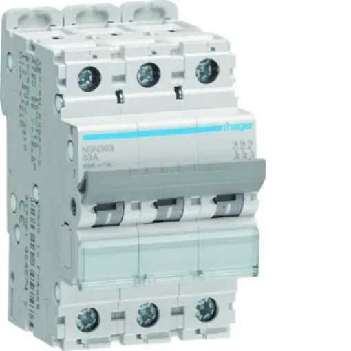 Hager NSN MCB, 3P, 63A Curve D, 415V AC, 15 kA Breaking Capacity - NSN363 product image