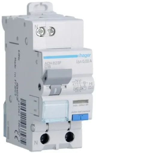 Hager RCBO, 16A Current Rating, 1P + N Poles, 30mA Trip Sensitivity, Type C - ADH823F product image