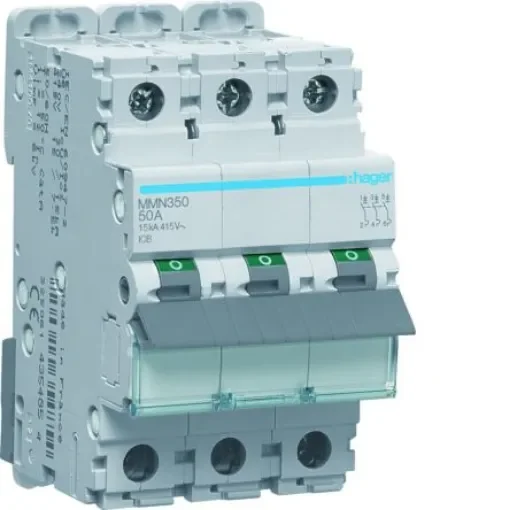 Hager MMN MCB, 3P, 50A, 415V AC, 15 kA Breaking Capacity - MMN350 product image