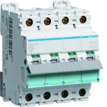 Hager Hager NSN Circuit Breaker, 4P, 63A Curve D, 415V AC, 15 kA Breaking Capacity - NSN463 product image