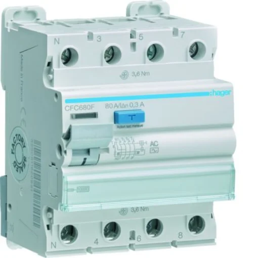 Hager CFC RCD Switch, 80A, 4 Pole, 300mA, Type AC, 230V - CFC680F product image