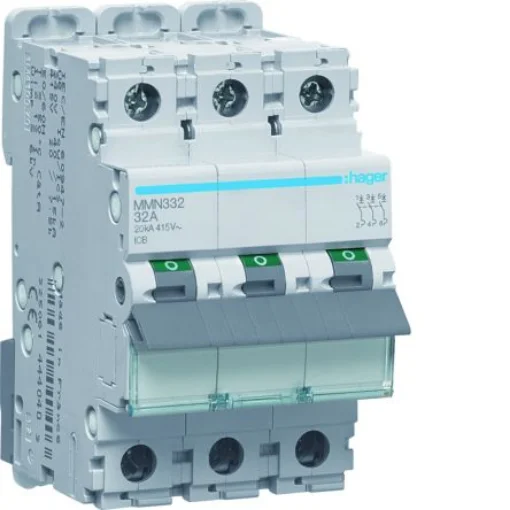 Hager Hager MMN Circuit Breaker, 3P, 32A, Type AC, 415V AC, 25 kA Breaking Capacity - MMN332 product image