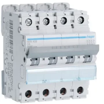 Hager Hager NKN Circuit Breaker, 4P, 6A Curve C, 400V AC, 15 kA Breaking Capacity - NKN406 product image
