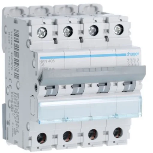 Hager Hager NKN Circuit Breaker, 4P, 6A Curve C, 400V AC, 15 kA Breaking Capacity - NKN406 product image