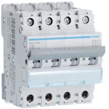 Hager Hager NKN Circuit Breaker, 4P, 16A Curve C, 400V AC, 15 kA Breaking Capacity - NKN416 product image