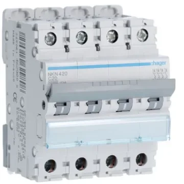 Hager Hager NKN Circuit Breaker, 4P, 20A Curve C, 400V AC, 15 kA Breaking Capacity - NKN420 product image