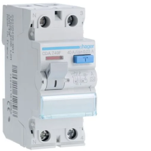 Hager CDA RCD Switch, 40A, 2 Pole, 30mA, Type A, 230V - CDA749F product image