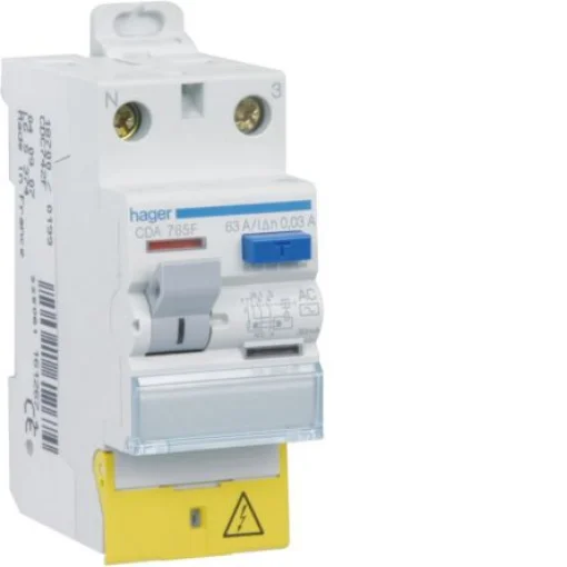 Hager CDA RCD Switch, 63A, 2 Pole, 30mA, Type A, 230V - CDA765F product image