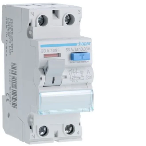 Hager CDA RCD Switch, 63A, 2 Pole, 30mA, Type A, 230V - CDA769F product image