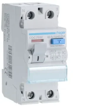 Hager CDC RCD Switch, 63A, 2 Pole, 30mA, Type AC, 230V - CDC768F product image