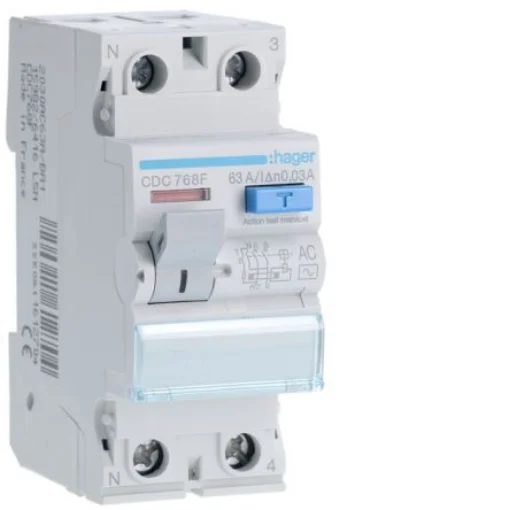 Hager CDC RCD Switch, 63A, 2 Pole, 30mA, Type AC, 230V - CDC768F product image