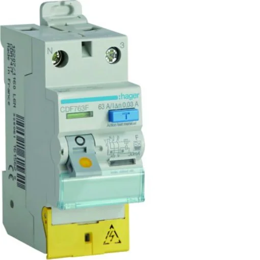 Hager CDF RCD Switch, 63A, 2 Pole, 30mA, Type F, 230V - CDF763F product image
