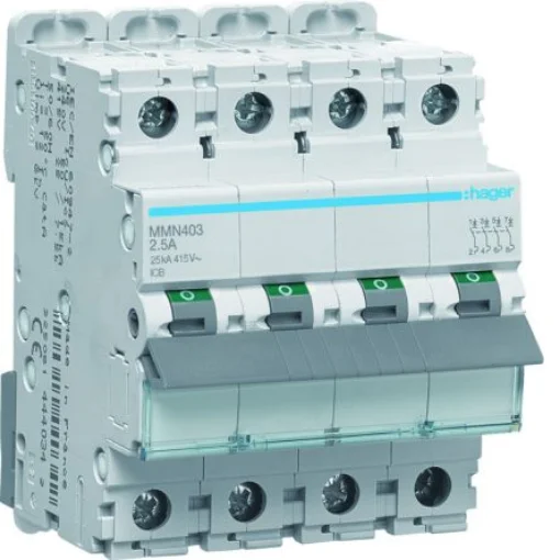 Hager Hager MMN Circuit Breaker, 4P, 2.5A, Type AC, 415V AC, 25 kA Breaking Capacity - MMN403 product image