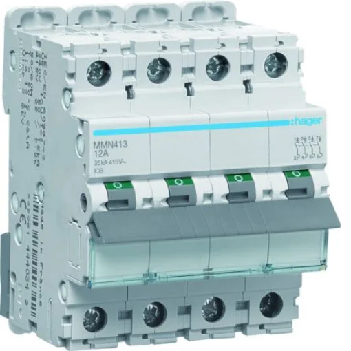 Hager Hager MMN Circuit Breaker, 4P, 12A, Type AC, 415V AC, 25 kA Breaking Capacity - MMN413 product image