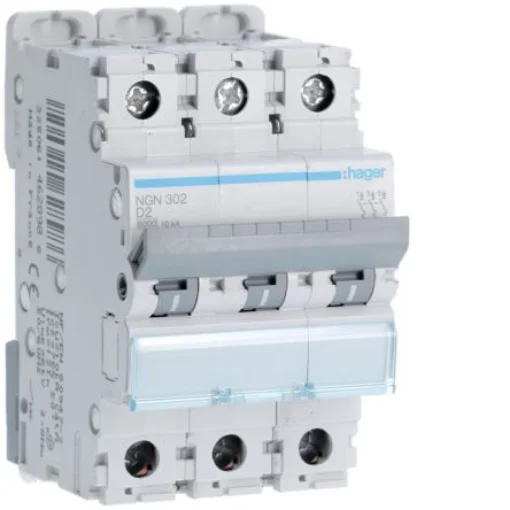 Hager Hager NGN Circuit Breaker, 3P, 2A Curve D, 400V AC, 10 kA Breaking Capacity - NGN302 product image