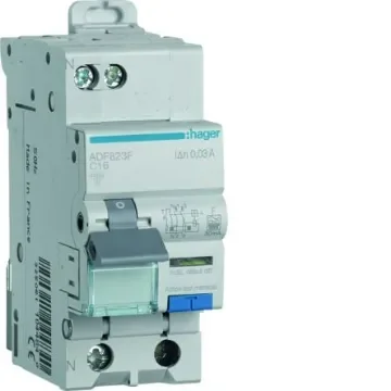 Hager RCBO, 16A Current Rating, 1P+N Poles, 30mA Trip Sensitivity, Type F - ADF823F product image