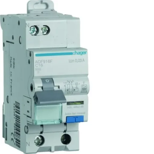 Hager RCBO, 16A Current Rating, 1P+N Poles, 30mA Trip Sensitivity, Type F - ADF916F product image