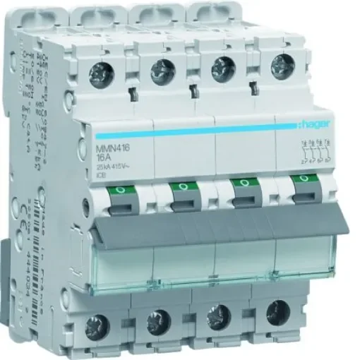 Hager MMN MCB, 4P, 16A, 400V AC, 25 kA Breaking Capacity - MMN416 product image