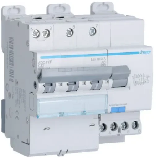 Hager RCBO, 10A Current Rating, 3P+N Poles, 30mA Trip Sensitivity, Type AC - ADC410F product image