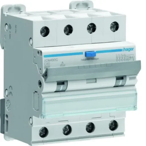 Hager RCBO, 40A Current Rating, 4P Poles, 30mA Trip Sensitivity, Type A - ADM490C product image