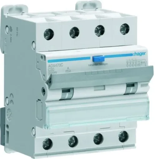 Hager RCBO, 20A Current Rating, 4P Poles, 30mA Trip Sensitivity, Type A - ADX470C product image